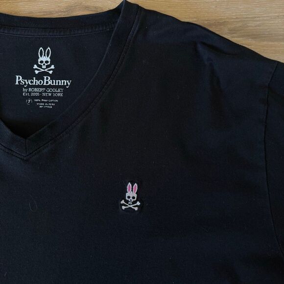 Psycho Bunny Mens Black Classic Skull Logo V Neck Black Shirt Size Large Luxury - Picture 2 of 5